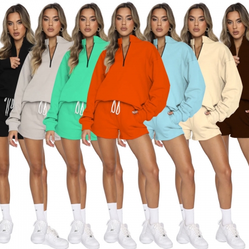 Casual stand neck zippered long sleeved sweater+shorts two-piece set