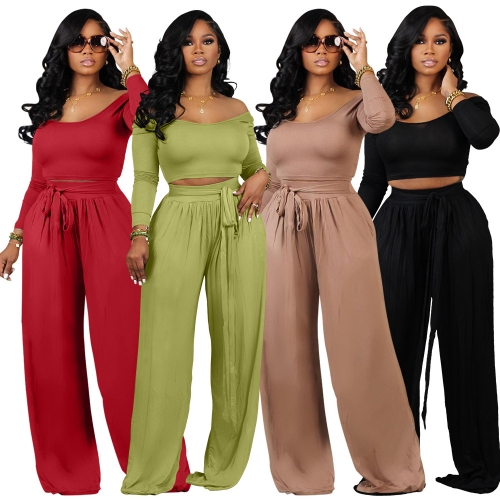 Solid Knitted Strap Wide Leg Two Piece Set