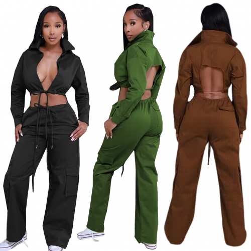 Casual backless top+strap pocket pants two-piece set