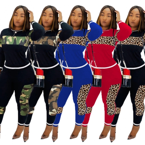 Casual round neck leopard print camouflage patchwork pants set