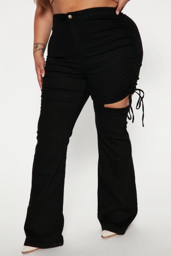 Casual High Elastic Large Strap Perforated Jeans