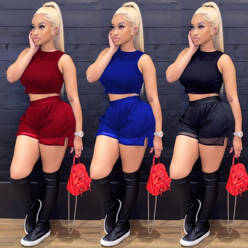 Casual Tank Top+Mesh Panel Side Split Short Sport Two Piece Set