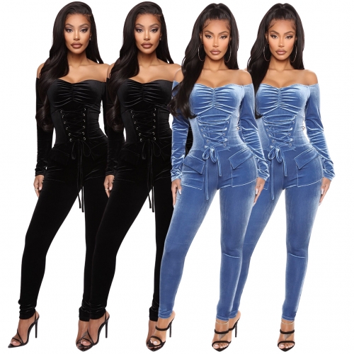 Velvet Off Shoulder  Strap Slim Fit Jumpsuit