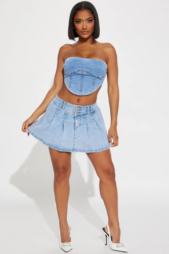 Sexy denim pleated skirt