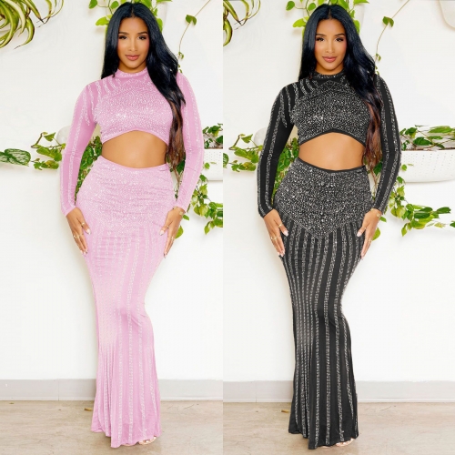 Sexy hot diamond stretch long sleeved top+fishtail skirt two-piece set