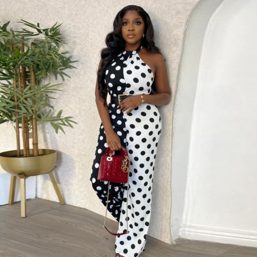 Sexy printed polka dot neck strap contrast elastic jumpsuit