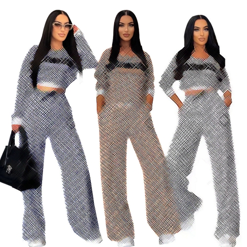 Fashion casual threaded long sleeved top+wide leg pants two-piece set