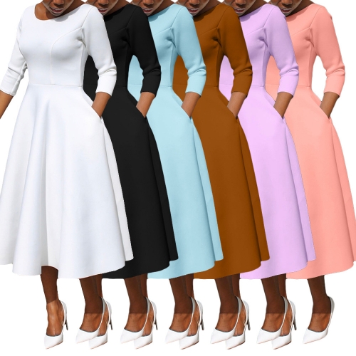 Solid color U-neck pocket long sleeved dress