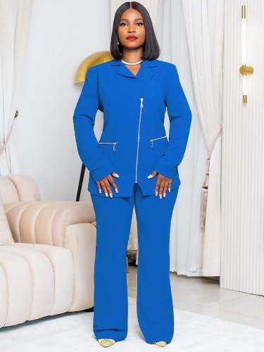 Solid color suit collar multi zip top+straight leg pants two-piece set