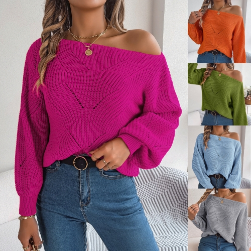 Casual Hollow Out One Line Neck Off Shoulder Lantern Sleeve Sweater