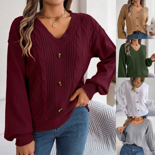 Solid V-neck button Fried Dough Twists lantern sleeve sweater