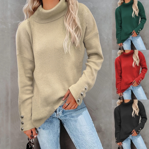 Casual Stripe High Neck Cuff Button Knit Sweater