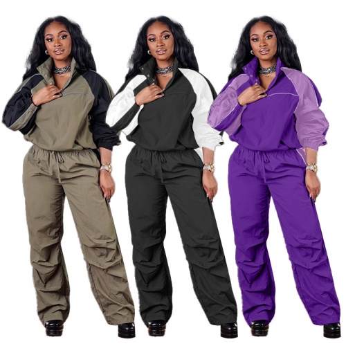 Casual stand collar color matching sports long sleeved top+pants two-piece set