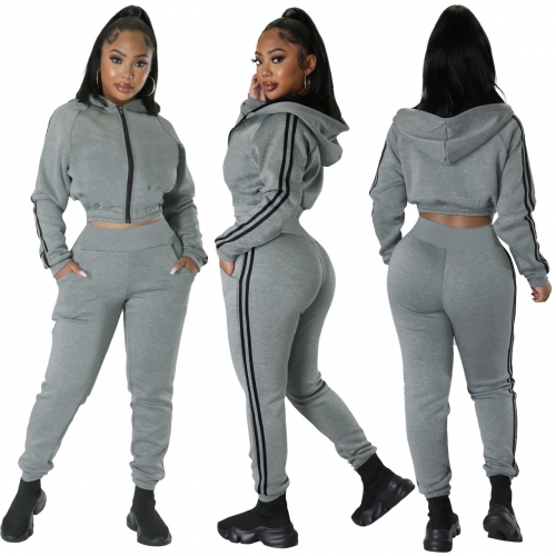 Charming Fashion and casual hooded sweatshirt set solid color two-piece set