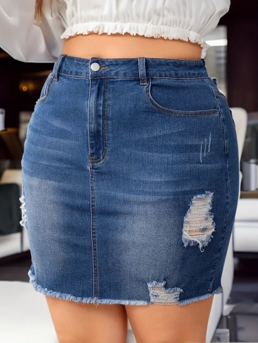 Charming casual distressed oversized denim skirt