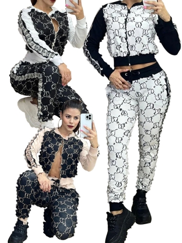 Casual printed long sleeved top+pants two-piece set