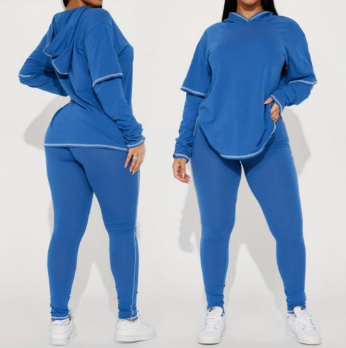 Casual solid color hooded two-piece pants set