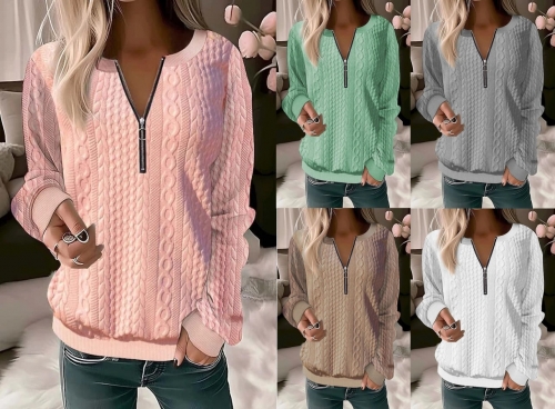 Solid color long sleeved V-neck zippered T-shirt top