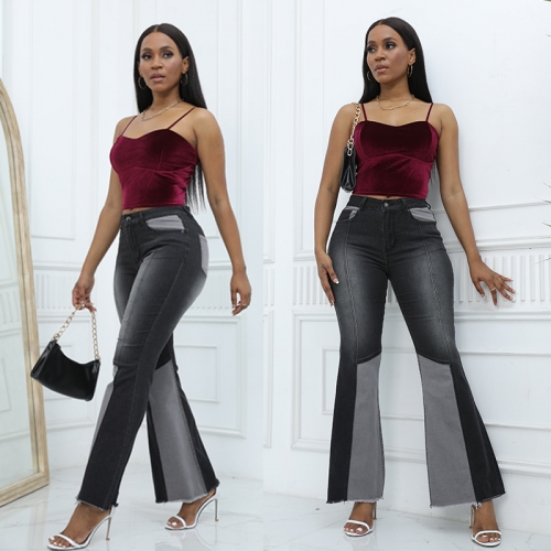 Fashionable elastic high waisted washed flare jeans