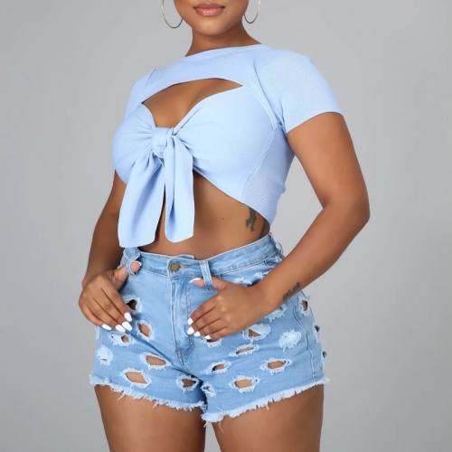 Solid color high waisted elastic perforated denim shorts