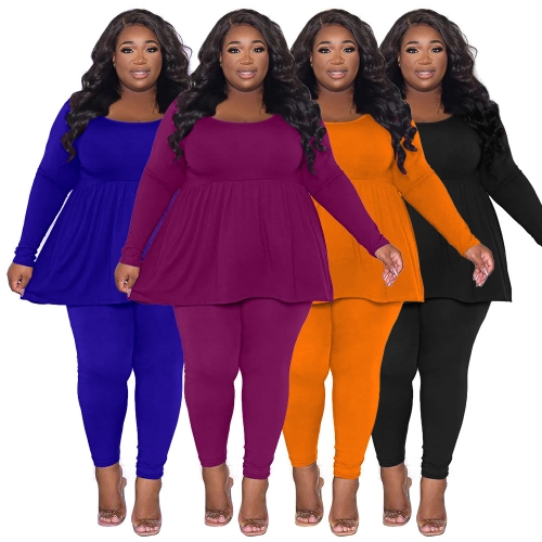 Casual Plus Size Long Sleeve Top+Pants Two Piece Set