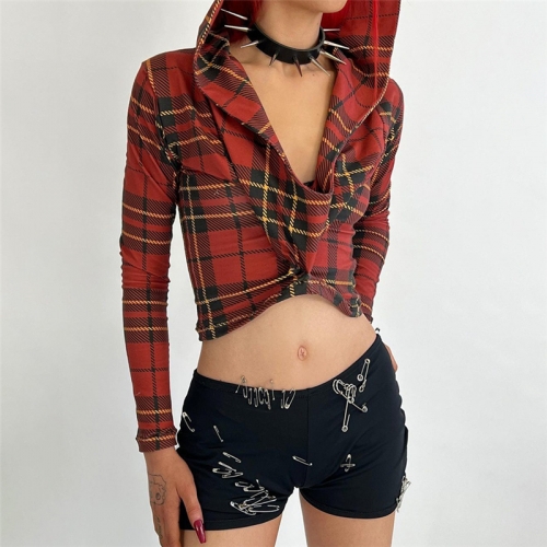 Fashionable long sleeved hooded plaid T-shirt top