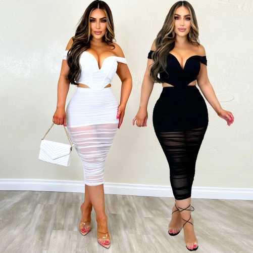 Sexy mesh stitching with perspective elastic off shoulder top and skirt two-piece set