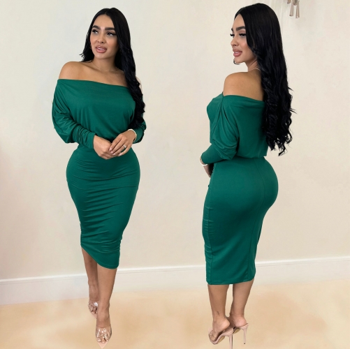 Casual stretch one line neck top+skirt two-piece set