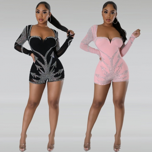 Charming sexy hot diamond stretch tight long sleeved jumpsuit