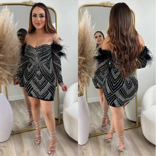 Charming Hot Diamond Feather Elastic Off Shoulder Dress