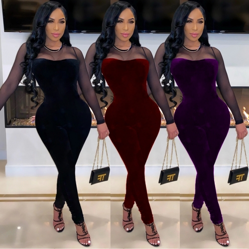 Sexy stitching mesh zipper perspective long sleeved jumpsuit