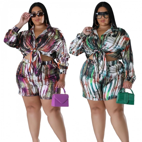 Casual large print top+shorts two-piece set