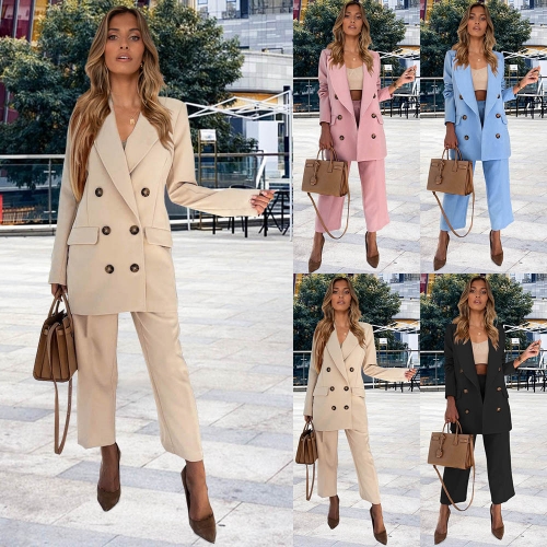 Casual large lapel double breasted jacket+straight pants two-piece set