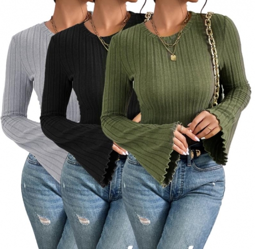 Street round neck solid color pullover Blouse