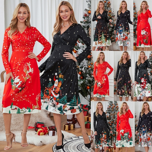 Sexy Christmas Print V-Neck Long Sleeve Dress