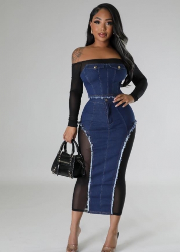 Fashionable mesh denim patchwork perspective bra two-piece skirt set