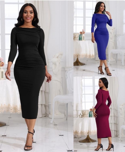 Casual Pleated Slim Fit Long Sleeve Wrap Hip Dress