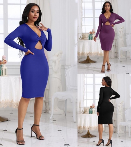Casual Solid V-Neck Wrapped Chest Hollow Out Dress