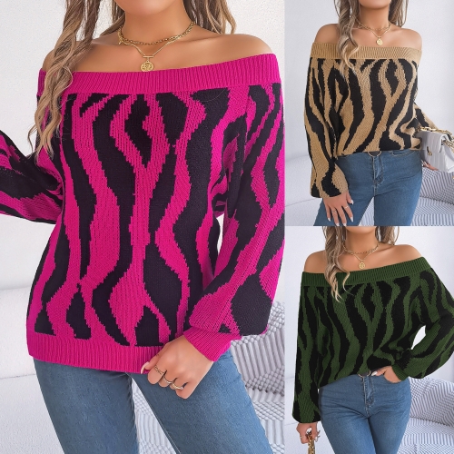 Casual Contrast One Line Neck Off Shoulder Lantern Sleeves Sweater
