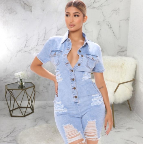 Casual Distressed Denim Rompers