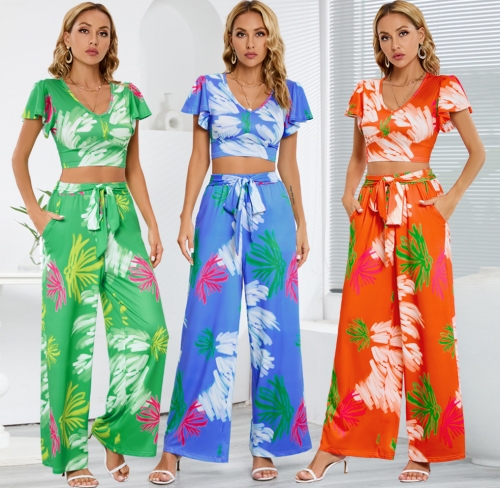 Casual printed top+wide leg pants two-piece set