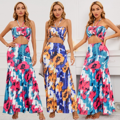 Sexy printed cable neck top+fishtail skirt two-piece set