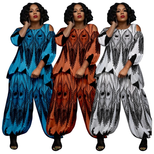 Casual printed large off shoulder top+wide leg pants two-piece set