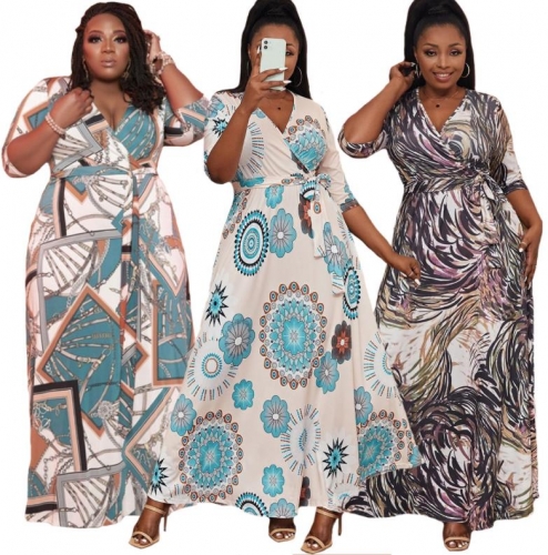 Casual V-neck Leaf Geometric Print Plus Size Dress