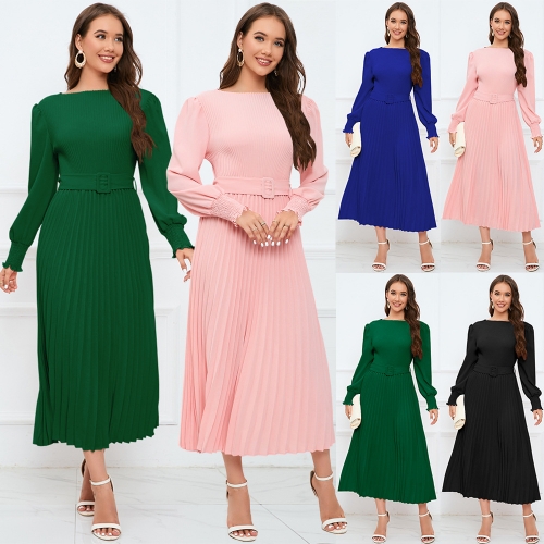 Sexy round neck pleated bubble long sleeved dress