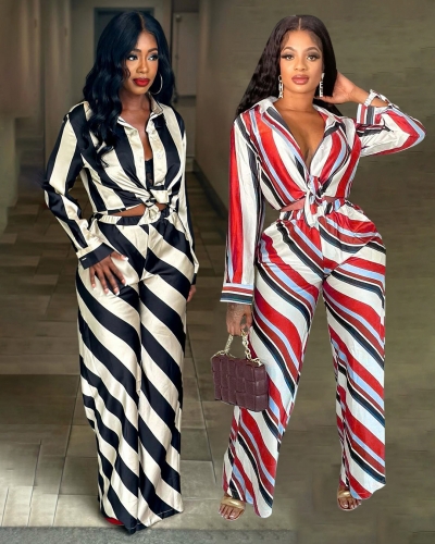 Casual printed top+striped wide leg pants two-piece set