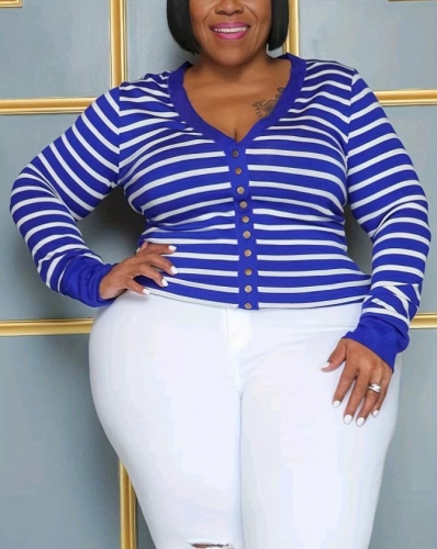 Casual V-neck Striped Metal Buckle Plus Size Blouse