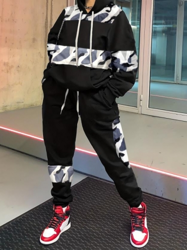 Street hooded print design two-piece pants set