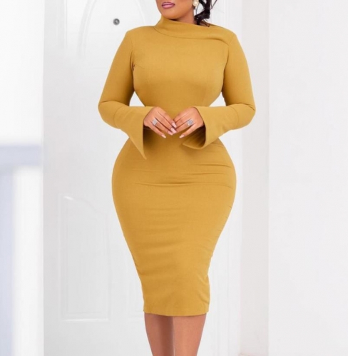 Trendy Solid Color Diagonal Collar Tight Fitting Long Sleeved Dress