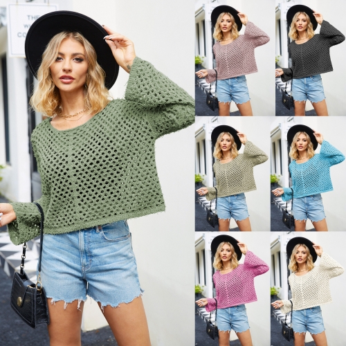 Casual round neck hollowed out perspective knit sweater